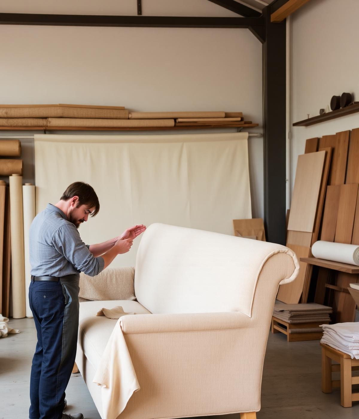 Upholsterer finishing a custom sofa in a workshop