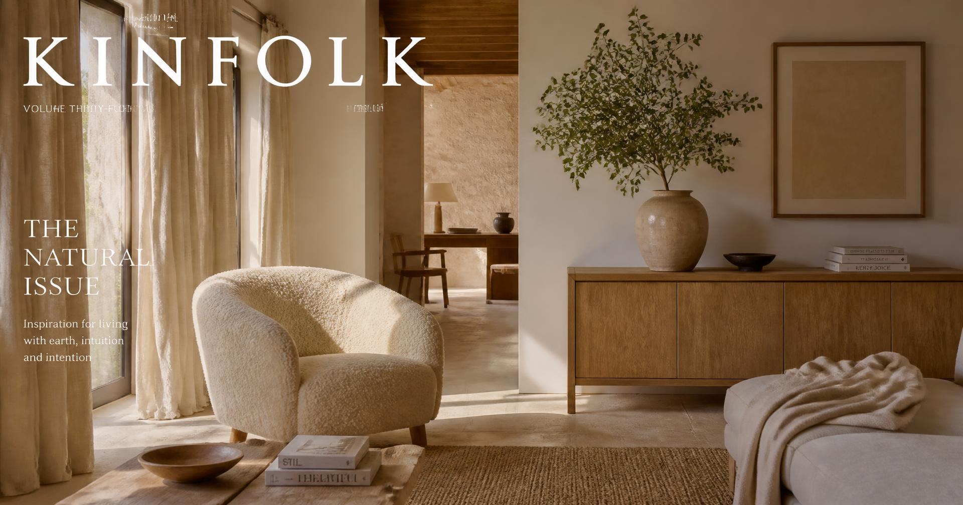 Warm minimal interior with a bouclé armchair, oak console and linen curtains