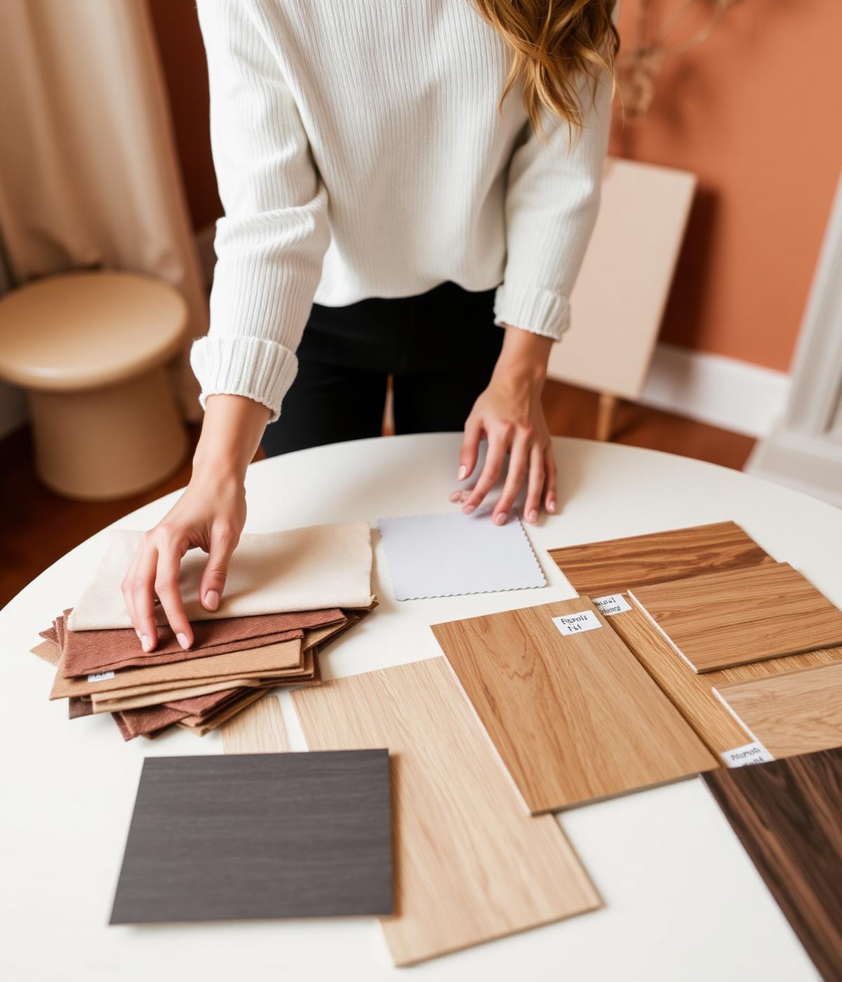 Stylist comparing fabric swatches and wood finish samples